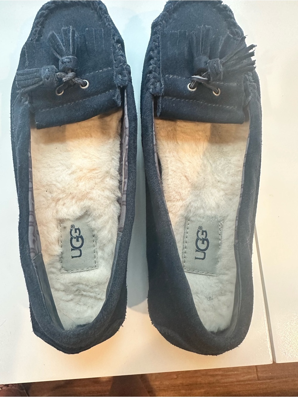 UGG Women's Navy Suede Moccasin Slippers with Shearling